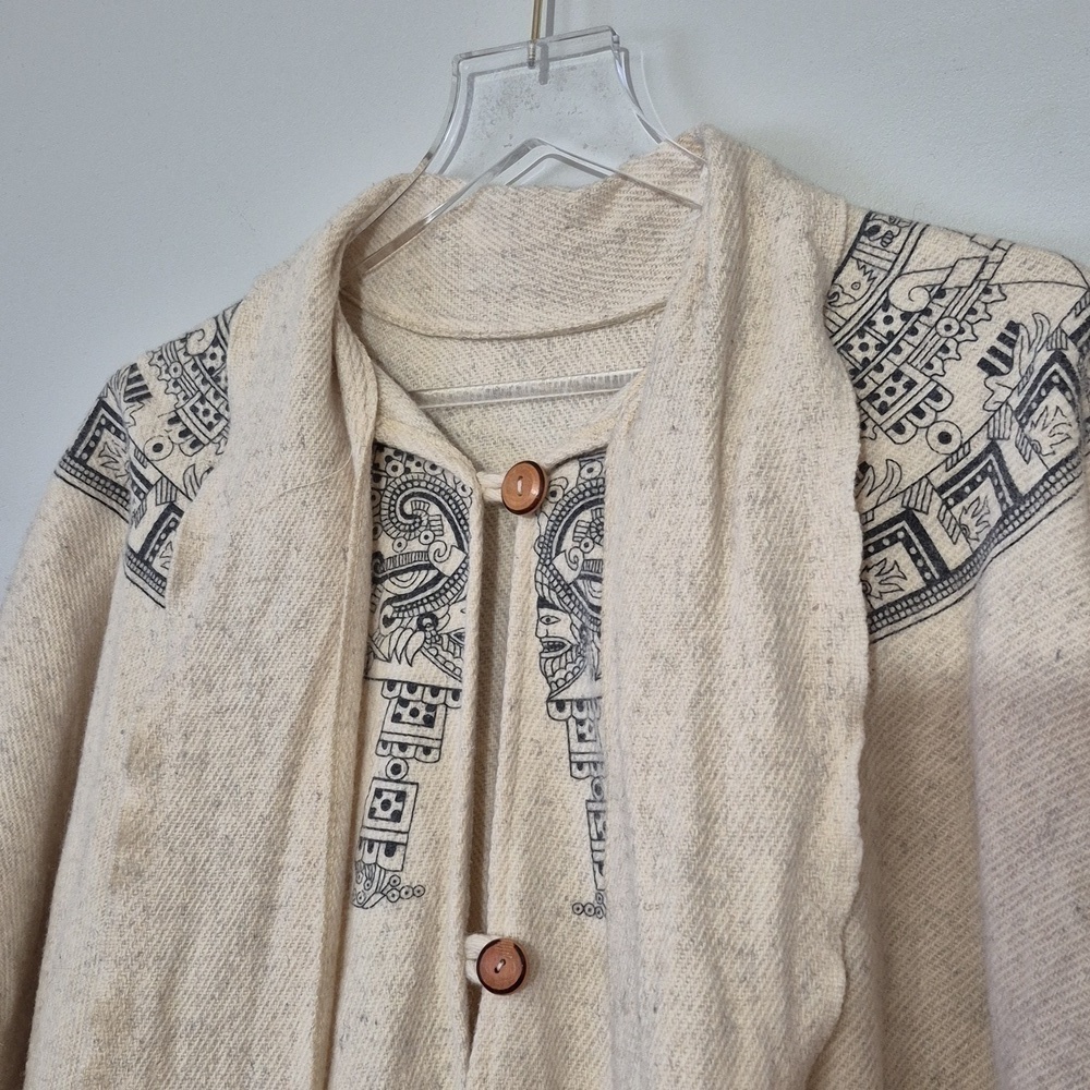 Vintage Cream Aztec Print Wool Fringe Poncho Cape One Size Festival Boho Western - Picture 2 of 10